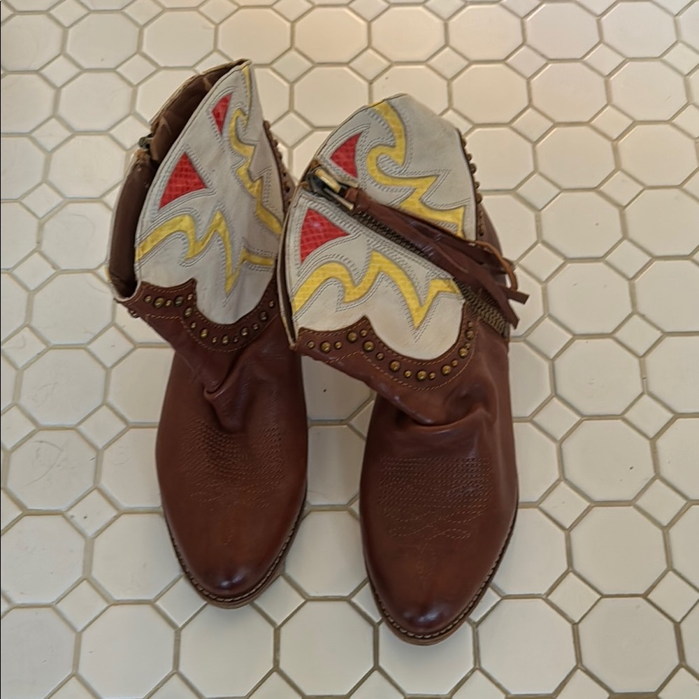 Brown Western Boots with Red and Yellow Accents